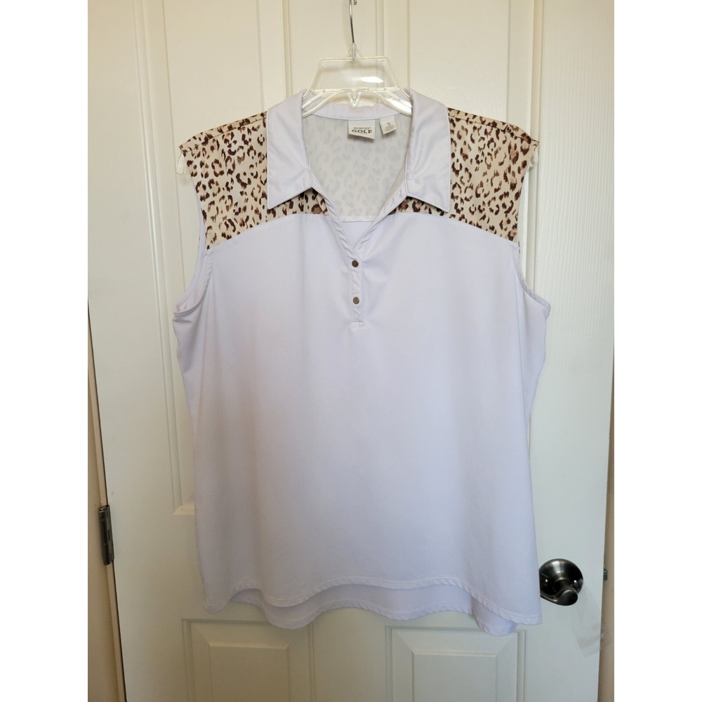 Zynergy by Chicos Golf Shirt White body with leopard print top Ladies size 3